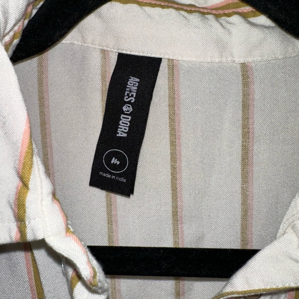 Women's Agnes & Dora button down Shirt, M, cream, brown, pink - tie at bottom - Picture 2 of 8